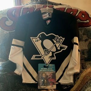 Vintage Mario Lemieux Youth Jersey and Mini Bobblehead Doll